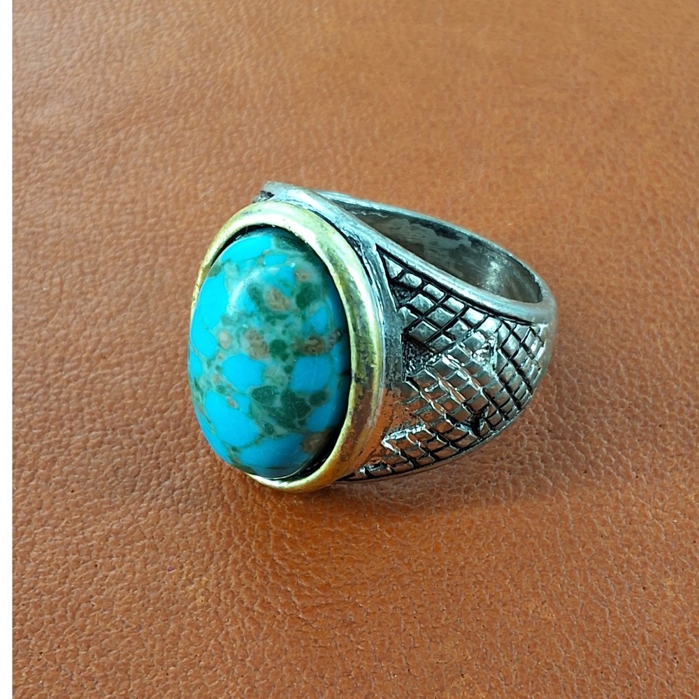 Men's Faux Turquoise Signet Ring Silver Gold Tone Textured Band Size 10.5 Boho